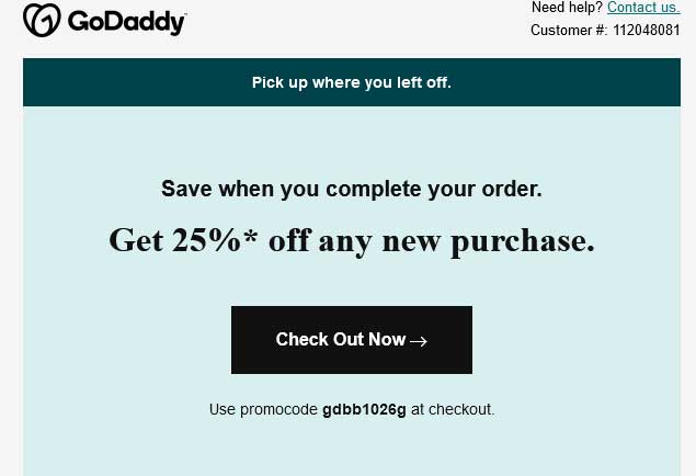 complete order email from godaddy with renewal promo code