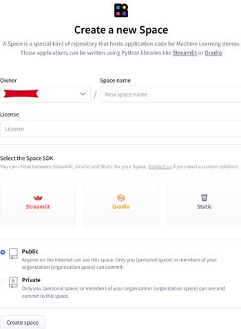 hugging face new space create